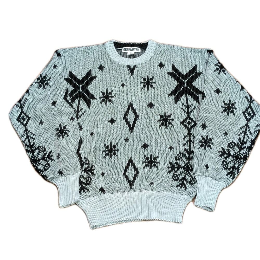 Rare Obermeyer Ski Sweater Men Wool Blend Vtg 80s 1990s Snowflake Sz L Nordic